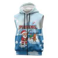 Christmas Fishing Sleeveless Zip Hoodie with Santa Claus Reindeer Iceberg and Merry Fishmas Design - Wonder Print Shop