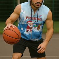 Christmas Fishing Sleeveless Zip Hoodie with Santa Claus Reindeer Iceberg and Merry Fishmas Design - Wonder Print Shop