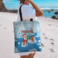 Christmas Fishing Tote Bag with Santa Claus Reindeer Iceberg and Merry Fishmas Design - Wonder Print Shop