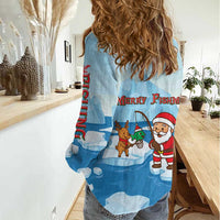 Christmas Fishing Women Casual Shirt with Santa Claus Reindeer Iceberg and Merry Fishmas Design - Wonder Print Shop
