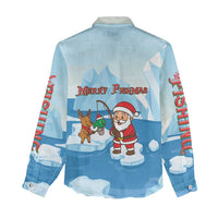 Christmas Fishing Women Casual Shirt with Santa Claus Reindeer Iceberg and Merry Fishmas Design - Wonder Print Shop