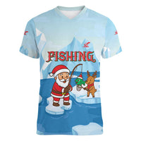Christmas Fishing Women V-Neck T-Shirt with Santa Claus Reindeer Iceberg and Merry Fishmas Design - Wonder Print Shop