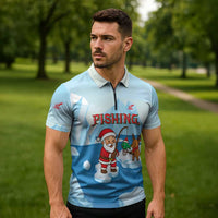 Christmas Fishing Zipper Polo Shirt with Santa Claus Reindeer Iceberg and Merry Fishmas Design - Wonder Print Shop