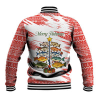 Christmas Fishing Baseball Jacket with Santa Claus Fish Tree and Red Snowflake Pattern - Wonder Print Shop