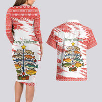 Christmas Fishing Couples Matching Long Sleeve Bodycon Dress and Hawaiian Shirt with Santa Claus Fish Tree and Red Snowflake Pattern - Wonder Print Shop