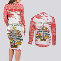 Christmas Fishing Couples Matching Long Sleeve Bodycon Dress and Long Sleeve Button Shirt with Santa Claus Fish Tree and Red Snowflake Pattern - Wonder Print Shop