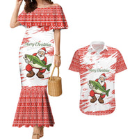 Christmas Fishing Couples Matching Mermaid Dress and Hawaiian Shirt with Santa Claus Fish Tree and Red Snowflake Pattern - Wonder Print Shop