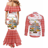 Christmas Fishing Couples Matching Mermaid Dress and Long Sleeve Button Shirt with Santa Claus Fish Tree and Red Snowflake Pattern - Wonder Print Shop