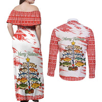 Christmas Fishing Couples Matching Off Shoulder Maxi Dress and Long Sleeve Button Shirt with Santa Claus Fish Tree and Red Snowflake Pattern - Wonder Print Shop