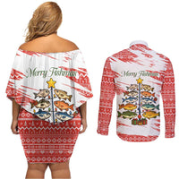 Christmas Fishing Couples Matching Off Shoulder Short Dress and Long Sleeve Button Shirt with Santa Claus Fish Tree and Red Snowflake Pattern - Wonder Print Shop