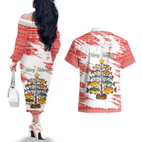 Christmas Fishing Couples Matching Off The Shoulder Long Sleeve Dress and Hawaiian Shirt with Santa Claus Fish Tree and Red Snowflake Pattern - Wonder Print Shop