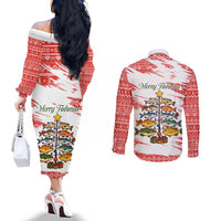 Christmas Fishing Couples Matching Off The Shoulder Long Sleeve Dress and Long Sleeve Button Shirt with Santa Claus Fish Tree and Red Snowflake Pattern - Wonder Print Shop