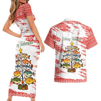Christmas Fishing Couples Matching Short Sleeve Bodycon Dress and Hawaiian Shirt with Santa Claus Fish Tree and Red Snowflake Pattern - Wonder Print Shop