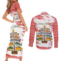 Christmas Fishing Couples Matching Short Sleeve Bodycon Dress and Long Sleeve Button Shirt with Santa Claus Fish Tree and Red Snowflake Pattern - Wonder Print Shop