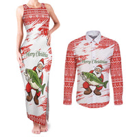 Christmas Fishing Couples Matching Tank Maxi Dress and Long Sleeve Button Shirt with Santa Claus Fish Tree and Red Snowflake Pattern - Wonder Print Shop