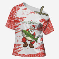 Christmas Fishing Cross Shoulder Shirt with Santa Claus Fish Tree and Red Snowflake Pattern - Wonder Print Shop