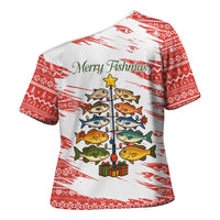 Christmas Fishing Cross Shoulder Shirt with Santa Claus Fish Tree and Red Snowflake Pattern - Wonder Print Shop