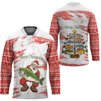Christmas Fishing Hockey Jersey with Santa Claus Fish Tree and Red Snowflake Pattern - Wonder Print Shop