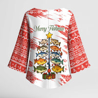 Christmas Fishing Kimono Sleeve Blouse with Santa Claus Fish Tree and Red Snowflake Pattern - Wonder Print Shop