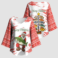 Christmas Fishing Kimono Sleeve Blouse with Santa Claus Fish Tree and Red Snowflake Pattern - Wonder Print Shop