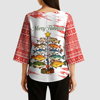 Christmas Fishing Kimono Sleeve Blouse with Santa Claus Fish Tree and Red Snowflake Pattern - Wonder Print Shop