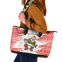 Christmas Fishing Leather Tote Bag with Santa Claus Fish Tree and Red Snowflake Pattern - Wonder Print Shop