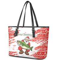 Christmas Fishing Leather Tote Bag with Santa Claus Fish Tree and Red Snowflake Pattern - Wonder Print Shop