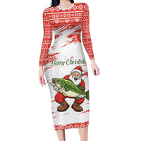 Christmas Fishing Long Sleeve Bodycon Dress with Santa Claus Fish Tree and Red Snowflake Pattern - Wonder Print Shop