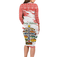 Christmas Fishing Long Sleeve Bodycon Dress with Santa Claus Fish Tree and Red Snowflake Pattern - Wonder Print Shop