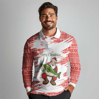 Christmas Fishing Long Sleeve Polo Shirt with Santa Claus Fish Tree and Red Snowflake Pattern - Wonder Print Shop