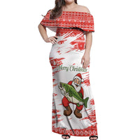 Christmas Fishing Off Shoulder Maxi Dress with Santa Claus Fish Tree and Red Snowflake Pattern - Wonder Print Shop