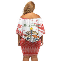 Christmas Fishing Off Shoulder Short Dress with Santa Claus Fish Tree and Red Snowflake Pattern - Wonder Print Shop