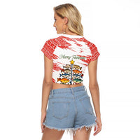 Christmas Fishing Raglan Cropped T Shirt with Santa Claus Fish Tree and Red Snowflake Pattern - Wonder Print Shop