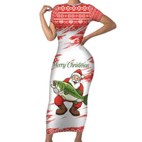 Christmas Fishing Short Sleeve Bodycon Dress with Santa Claus Fish Tree and Red Snowflake Pattern - Wonder Print Shop