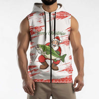 Christmas Fishing Sleeveless Zip Hoodie with Santa Claus Fish Tree and Red Snowflake Pattern - Wonder Print Shop