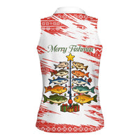 Christmas Fishing Women Sleeveless Polo Shirt with Santa Claus Fish Tree and Red Snowflake Pattern - Wonder Print Shop