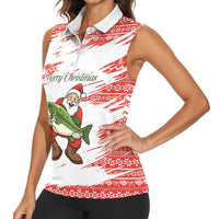 Christmas Fishing Women Sleeveless Polo Shirt with Santa Claus Fish Tree and Red Snowflake Pattern - Wonder Print Shop