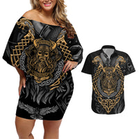 Viking Warrior Tatto Couples Matching Off Shoulder Short Dress and Hawaiian Shirt Valhalla Is Calling - Wonder Print Shop
