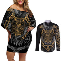 Viking Warrior Tatto Couples Matching Off Shoulder Short Dress and Long Sleeve Button Shirts Valhalla Is Calling - Wonder Print Shop