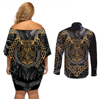 Viking Warrior Tatto Couples Matching Off Shoulder Short Dress and Long Sleeve Button Shirts Valhalla Is Calling - Wonder Print Shop