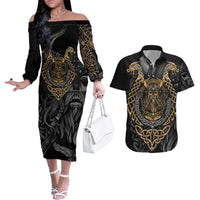 Viking Warrior Tatto Couples Matching Off The Shoulder Long Sleeve Dress and Hawaiian Shirt Valhalla Is Calling - Wonder Print Shop