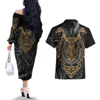 Viking Warrior Tatto Couples Matching Off The Shoulder Long Sleeve Dress and Hawaiian Shirt Valhalla Is Calling - Wonder Print Shop