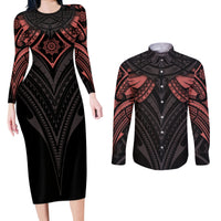 Feminine Polynesian Couples Matching Long Sleeve Bodycon Dress and Long Sleeve Button Shirts Mandala Tattoo Style - Wonder Print Shop