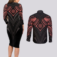 Feminine Polynesian Couples Matching Long Sleeve Bodycon Dress and Long Sleeve Button Shirts Mandala Tattoo Style - Wonder Print Shop