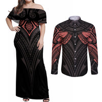 Feminine Polynesian Couples Matching Off Shoulder Maxi Dress and Long Sleeve Button Shirts Mandala Tattoo Style - Wonder Print Shop