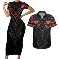 Feminine Polynesian Couples Matching Short Sleeve Bodycon Dress and Hawaiian Shirt Mandala Tattoo Style - Wonder Print Shop