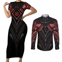 Feminine Polynesian Couples Matching Short Sleeve Bodycon Dress and Long Sleeve Button Shirts Mandala Tattoo Style - Wonder Print Shop