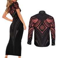 Feminine Polynesian Couples Matching Short Sleeve Bodycon Dress and Long Sleeve Button Shirts Mandala Tattoo Style - Wonder Print Shop