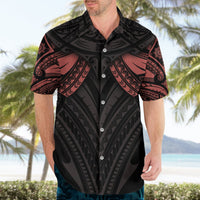 Black Hawaiian shirt with red-orange tribal print, open collar and white button placket