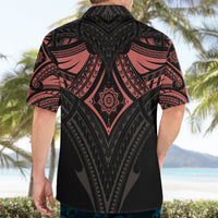 Black Hawaiian shirt, back view with red-orange mandala center and geometric pattern